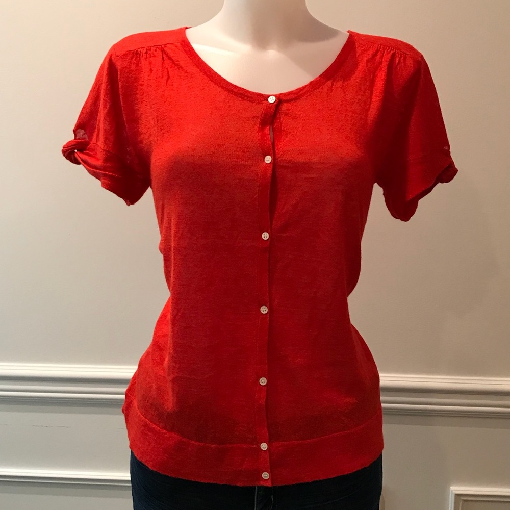 Theory button up red scoop neck blouse